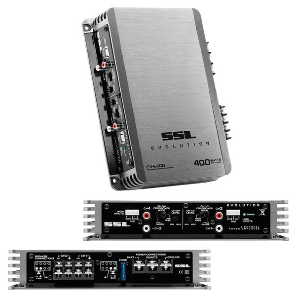 A pair of Soundstorm Mosfet 4CH Power Amplifiers on a white background.