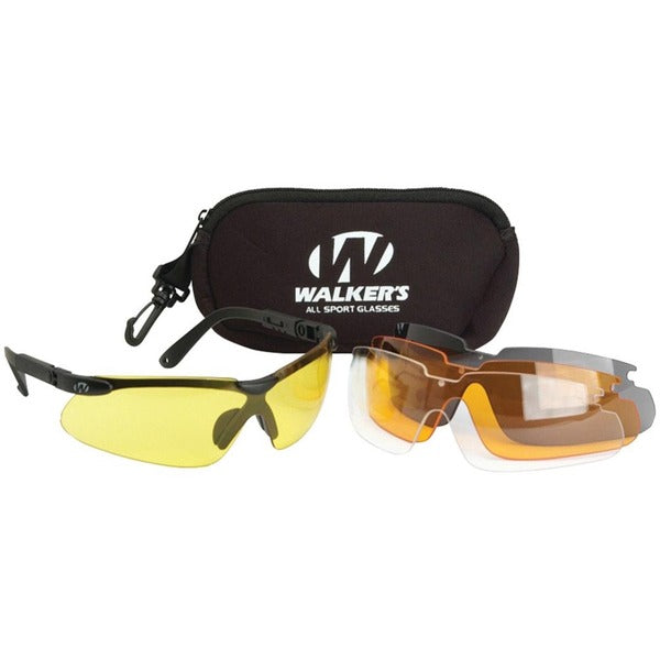 Walker's SPORT GLASSES WITH INTERCHANGEABLE LENS with orange polycarbonate lenses and a carrying case.