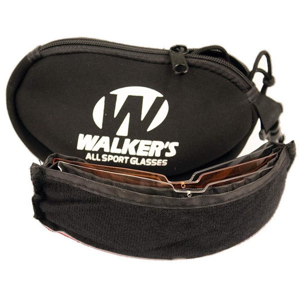 Walker's SPORT GLASSES WITH INTERCHANGEABLE LENS with orange polycarbonate lenses and a carrying case.