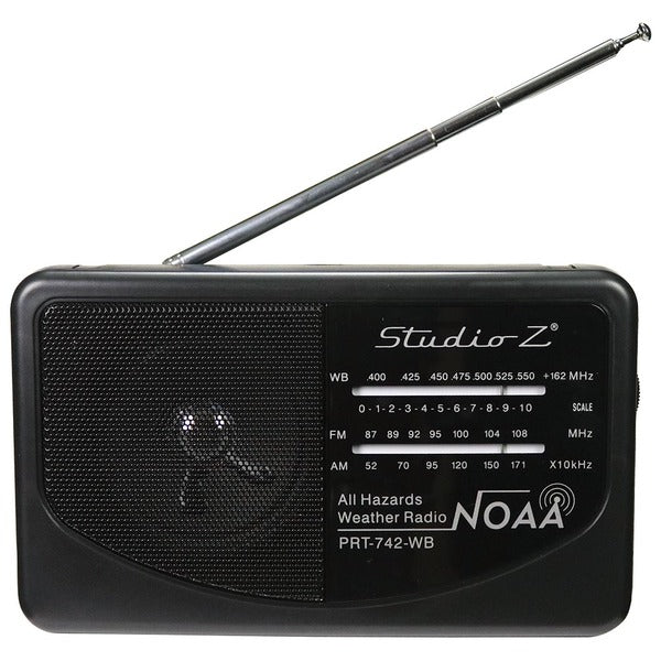 A black Studio Z AM/FM/Weatherband 3 Band World Radio Receiver on a white background.