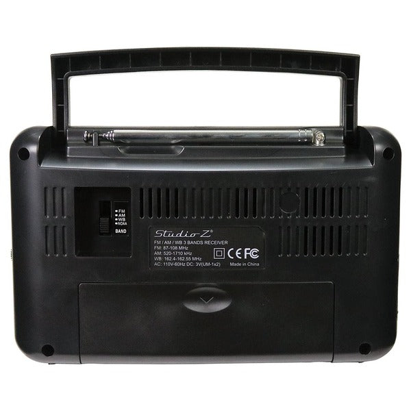 A black Studio Z AM/FM/Weatherband 3 Band World Radio Receiver on a white background.