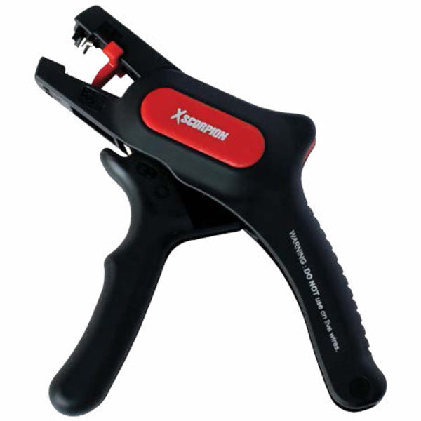 A black and red Xscorpion Quick Wire Stripper & Cutter on a white background.