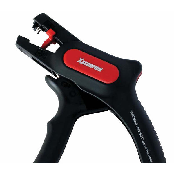 A black and red Xscorpion Quick Wire Stripper & Cutter on a white background.
