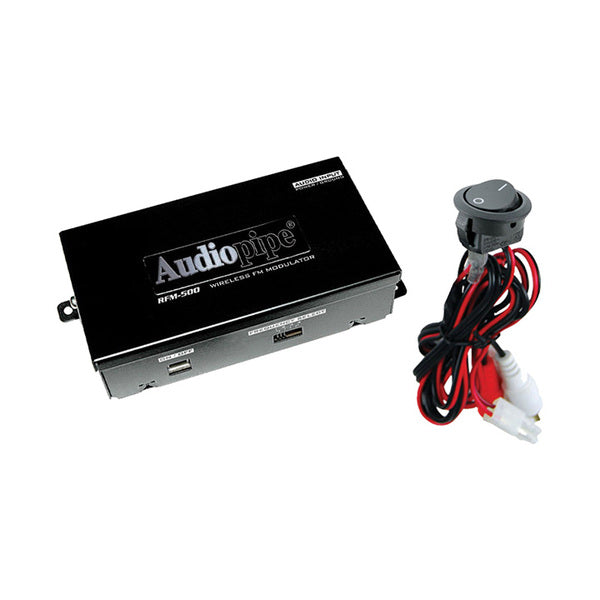 A car stereo with wires and a remote control that includes the WIRELESS FM MODULATOR AUDIOPIPE 2 CH. ON/OFF SWITCH;ADJ.OUTPUT LEVEL for convenient frequency selections. Additionally, it features an RCA audio input option for enhanced connectivity.