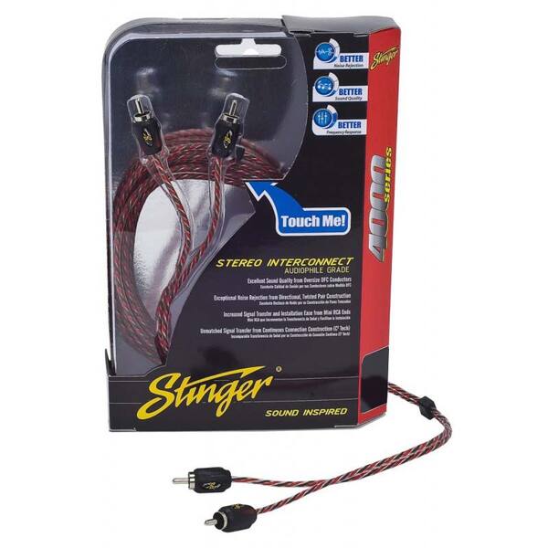 A package containing a pair of STINGER 6FT 4000 2CH RCA'S DIRECTIONAL TWISTED cables designed for high-quality signal transfer.