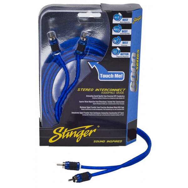 A blue STINGER Stinger 3Ft. 2 Channel Shielded RCA Cable in a package known for its superior sound quality and efficient signal transfer.