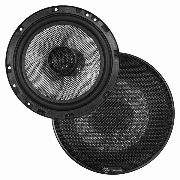 A pair of SPEAKER 6.5" 2-WAY (pair) 160WATTS AMERICAN BASS;CARBON FIBER featuring woven carbon/glass fiber cones and swivel tweeters, delivering a maximum power output of 160 watts. Presented on a clean white background.