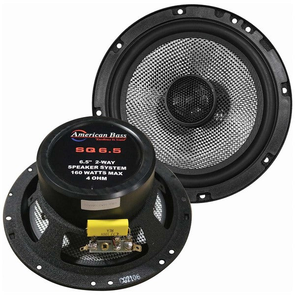 A pair of SPEAKER 6.5" 2-WAY (pair) 160WATTS AMERICAN BASS;CARBON FIBER featuring woven carbon/glass fiber cones and swivel tweeters, delivering a maximum power output of 160 watts. Presented on a clean white background.