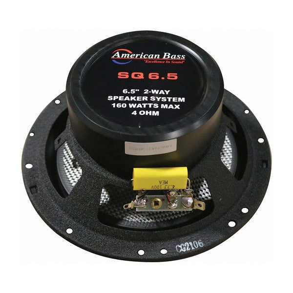 A pair of SPEAKER 6.5" 2-WAY (pair) 160WATTS AMERICAN BASS;CARBON FIBER featuring woven carbon/glass fiber cones and swivel tweeters, delivering a maximum power output of 160 watts. Presented on a clean white background.