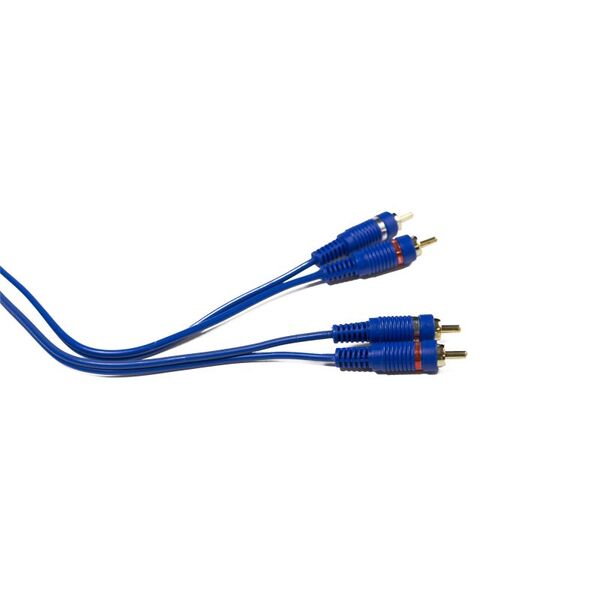 A pair of STINGER 12FT RCA BLUE STINGER SELECT audio cables on a white background.