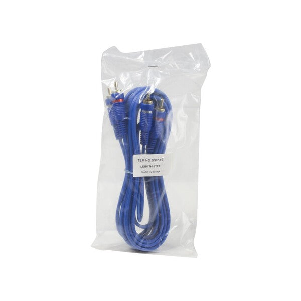 A pair of STINGER 12FT RCA BLUE STINGER SELECT audio cables on a white background.