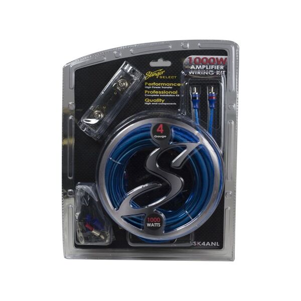 An STINGER SELECT 4GA 1000W AMPLIFIER WIRING KIT W/100 AMP ANL FUSEHOLDER with a pair of wires, including an Ultra Flexible Power Cable in blue, designed specifically for 4 gauge applications.