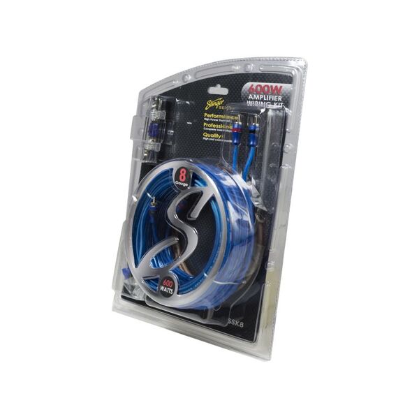 An STINGER SELECT 4GA 1000W AMPLIFIER WIRING KIT W/100 AMP ANL FUSEHOLDER with a pair of wires, including an Ultra Flexible Power Cable in blue, designed specifically for 4 gauge applications.