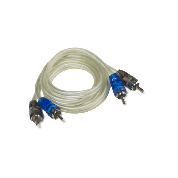 A white STINGER 6FT PERFORMANCE SERIES COAXIAL RCA cable with blue connectors on it, offering excellent sound quality.