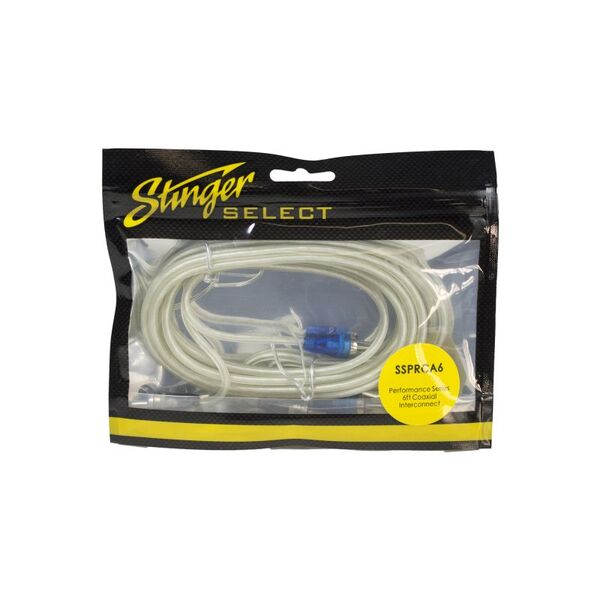A white STINGER 6FT PERFORMANCE SERIES COAXIAL RCA cable with blue connectors on it, offering excellent sound quality.