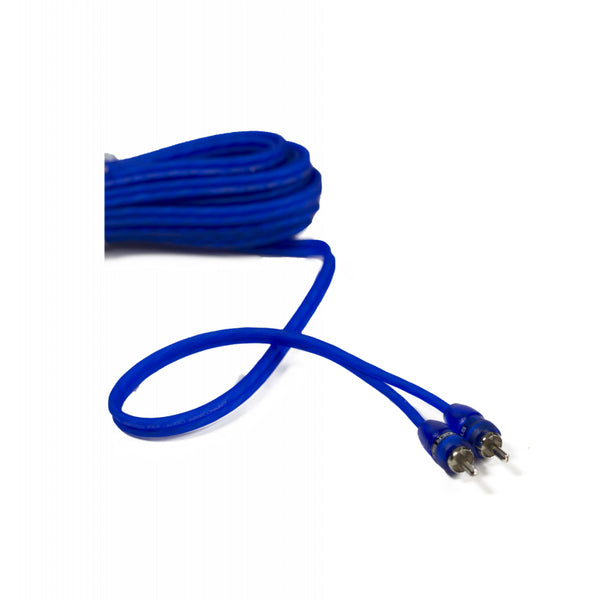 The STINGER 3FT BLUE COMP SERIES TWISTED RCA, known for its exceptional sound quality, features a blue design and is equipped with two wires.