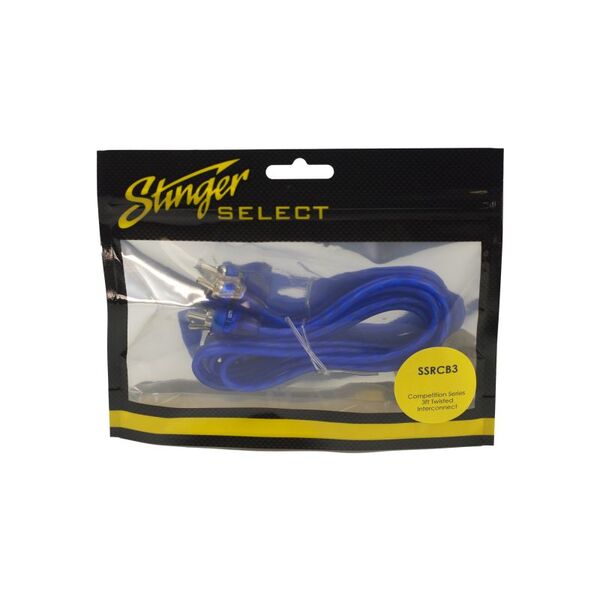 The STINGER 3FT BLUE COMP SERIES TWISTED RCA, known for its exceptional sound quality, features a blue design and is equipped with two wires.