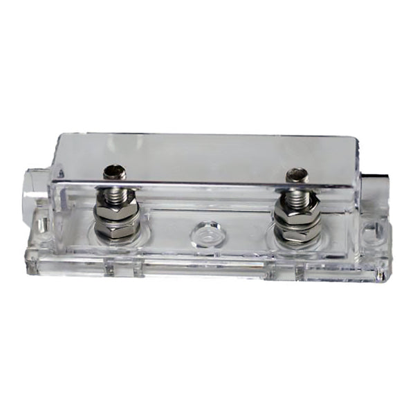 A STINGER 1/0 OR 4GA ANL FUSEHOLDER with a satin silver finish and two wires for system protection.