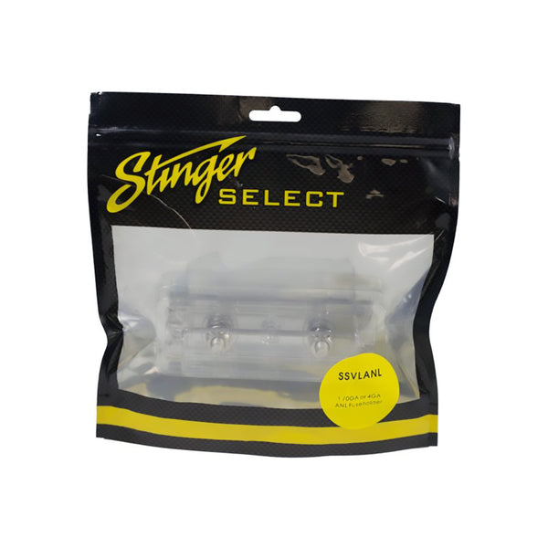 A STINGER 1/0 OR 4GA ANL FUSEHOLDER with a satin silver finish and two wires for system protection.