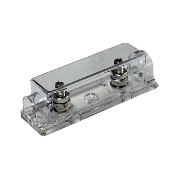 A STINGER 1/0 OR 4GA ANL FUSEHOLDER with a satin silver finish and two wires for system protection.