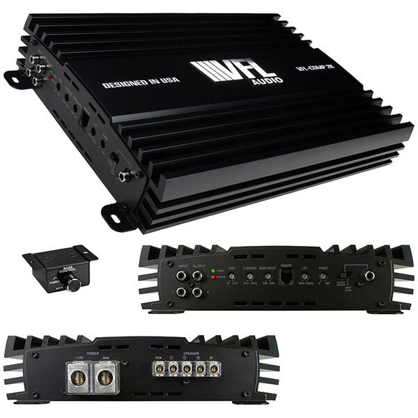 A car amplifier with a remote control, delivering powerful performance with the VFL Audio Competition Amplifier 2000 Watts RMS D Class. With an impressive 2000W RMS power and 1 Ohm impedance.