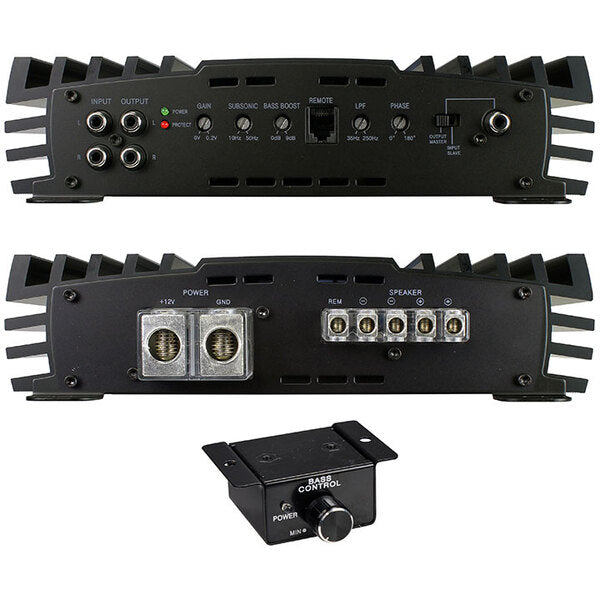 A car amplifier with a remote control, delivering powerful performance with the VFL Audio Competition Amplifier 2000 Watts RMS D Class. With an impressive 2000W RMS power and 1 Ohm impedance.