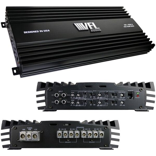 The VFL Audio Class AB 4 Channel Amplifier 1000W RMS / 2000W Max delivers exceptional power with its 1000W RMS output and features two versatile inputs and outputs.