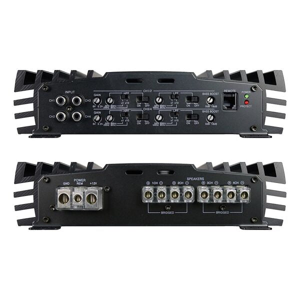 The VFL Audio Class AB 4 Channel Amplifier 1000W RMS / 2000W Max delivers exceptional power with its 1000W RMS output and features two versatile inputs and outputs.
