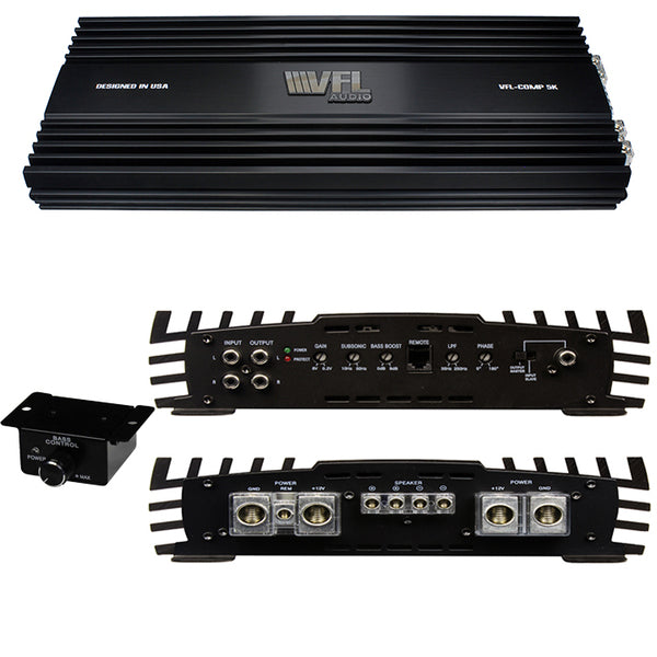 A VFL AUDIO Competition Amplifier 5000 Watts RMS D class car amplifier with two speakers and a remote control.