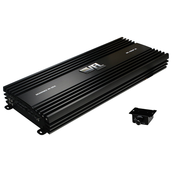 A VFL AUDIO Competition Amplifier 5000 Watts RMS D class car amplifier with two speakers and a remote control.