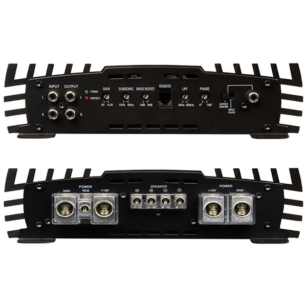 A VFL AUDIO Competition Amplifier 5000 Watts RMS D class car amplifier with two speakers and a remote control.