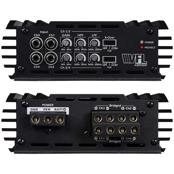 A VFL Audio 4 Channel Amplifier 600W RMS with a remote control.