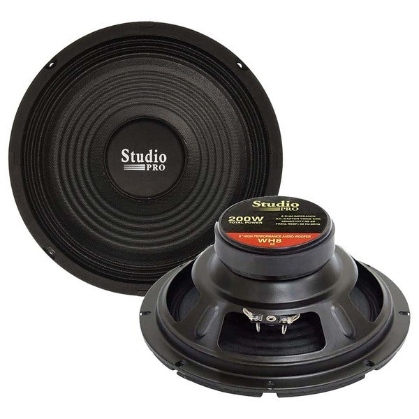 A pair of WOOFER 8" PYRAMID 200WATTS 8 OHM; STUDIO PRO SERIES with a black finish designed for sound reinforcement systems.
