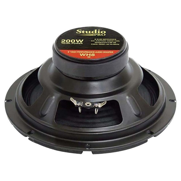 A pair of WOOFER 8" PYRAMID 200WATTS 8 OHM; STUDIO PRO SERIES with a black finish designed for sound reinforcement systems.