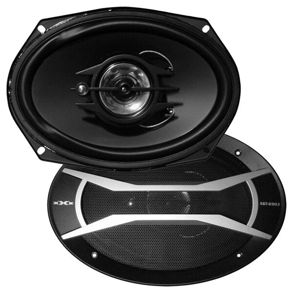 A pair of XXX Audio 6x9" 3-Way Speakers featuring a rubber surround, delivering 400 watts max power, showcased on a white background.