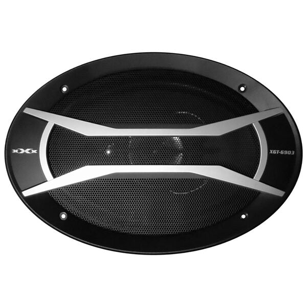 A pair of XXX Audio 6x9" 3-Way Speakers featuring a rubber surround, delivering 400 watts max power, showcased on a white background.