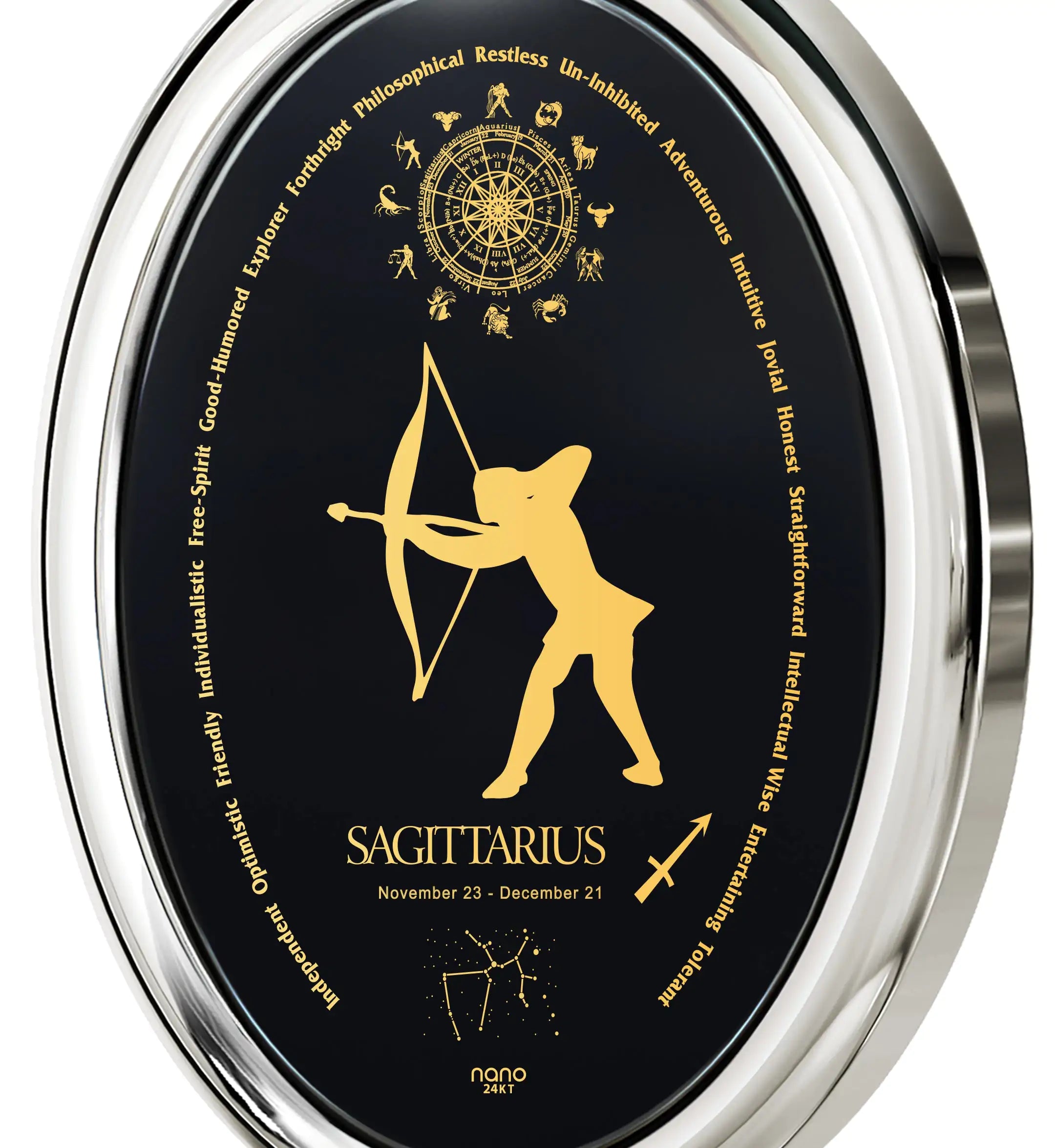 Gold and black Sagittarius Zodiac Necklace with astrology symbols and dates.
