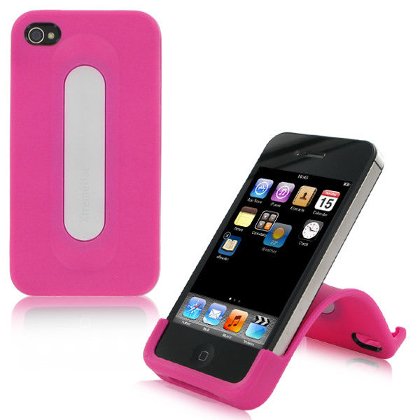 An XtremeMac Snap Stand for iPhone 4 & 4S, Bubble Gum Pink case that features a convenient viewing stand.