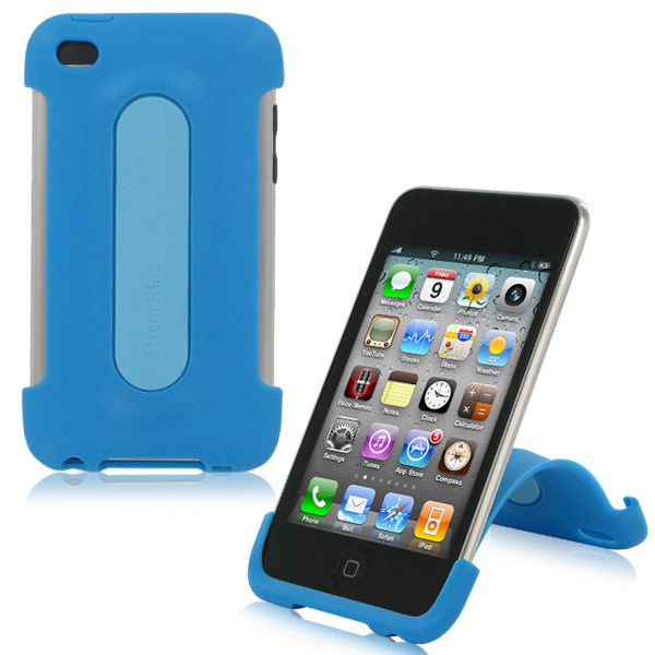 An XtremeMac iPod Touch 4G Snap Stand - Peacock Blue case with a snap stand for easy viewing.