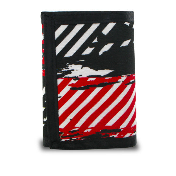 A Trifold Splatter and Stripes Canvas Wallet with stripes on it.