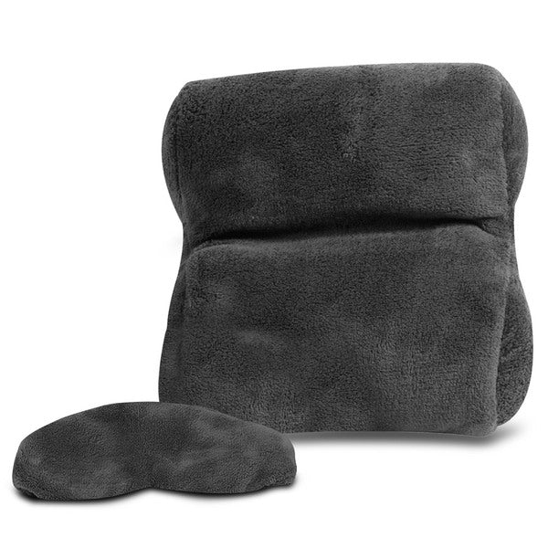 A Travelon Ultra Fleece Travel Pillow & Eye Mask Set with a black cover and a black pillow.