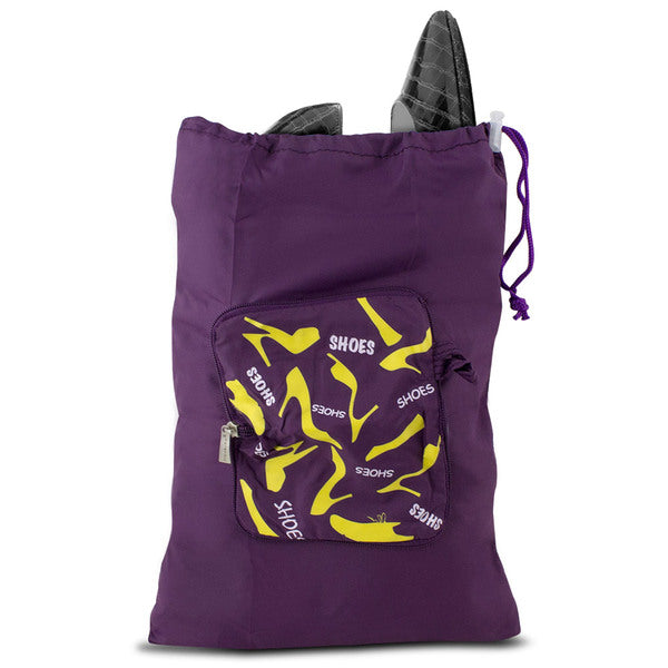 A Travelon Pocket Packs Shoe Bag - Purple with a pair of shoes on it.