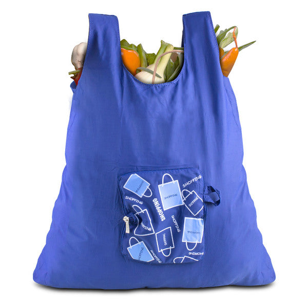A Travelon Pocket Packs Shopping Bag, Blue with vegetables in it.