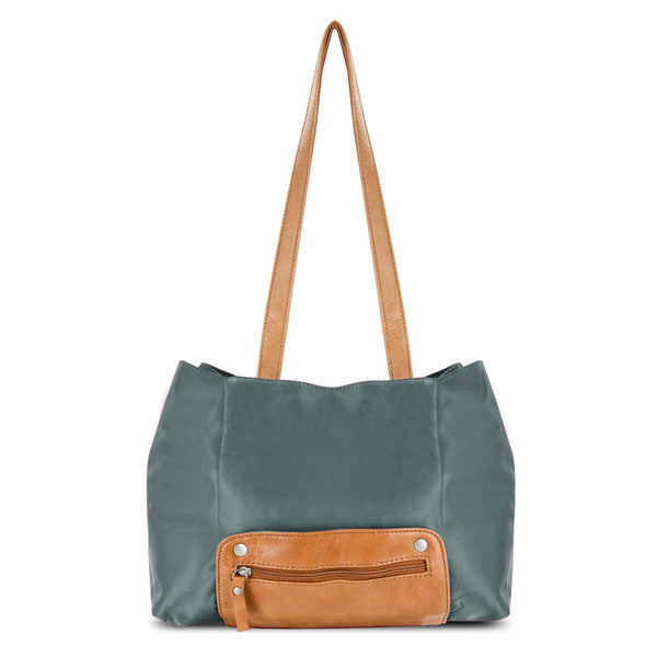 A Travelon Twenty9Five Piegare Mini Tote (Gray) with two handles.