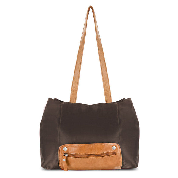 A Travelon Twenty9Five Piegare Mini Tote (Brown) on a white background.