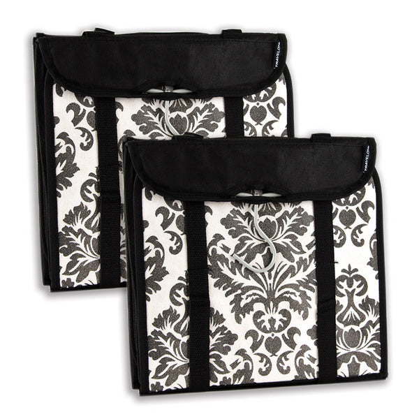 Two black damask Travelon Hanging Handbag Organizers with handles.