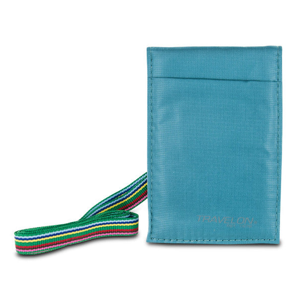 A Travelon Safe ID Hack-Proof RFID Blocking Badge Shield with a colorful strap.