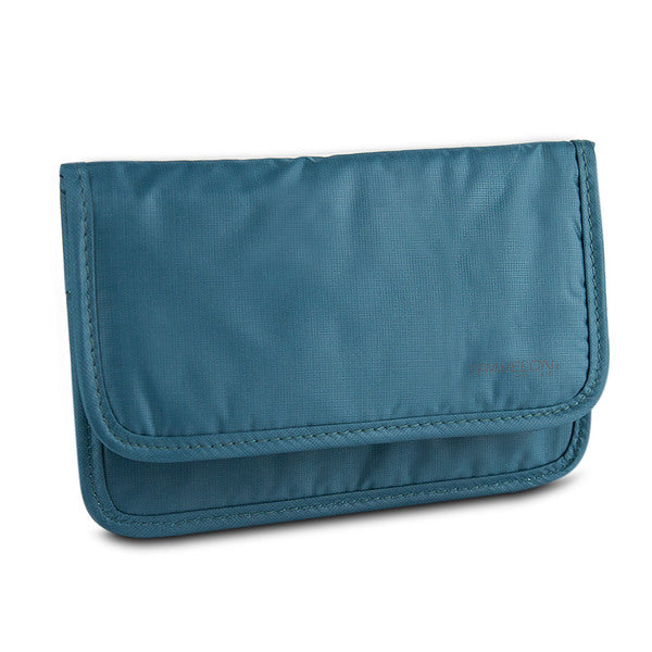 A Travelon Safe ID Hack-Proof Medium Wallet with RFID Blocking, Teal zippered wallet with a zipper.