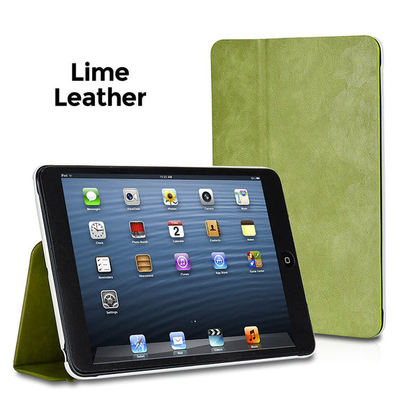 The XtremeMac Microfolio Leather Lime Case for iPad Mini is shown with a protective green leather case.