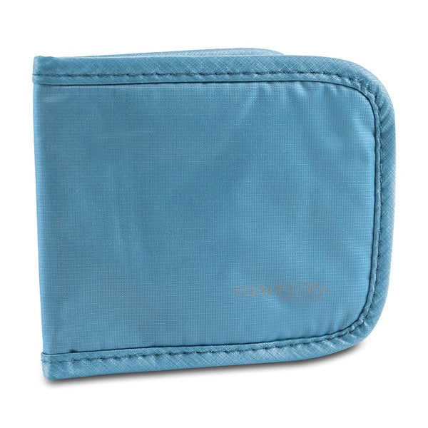 A Travelon Safe ID Hack-Proof Slim Card Wallet with RFID Blocking (Teal) on a white background.